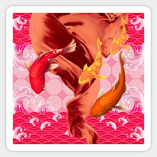 Koi Fish with an Orange and Pink Swirl Ocean- Happy Hong Kong Sticker